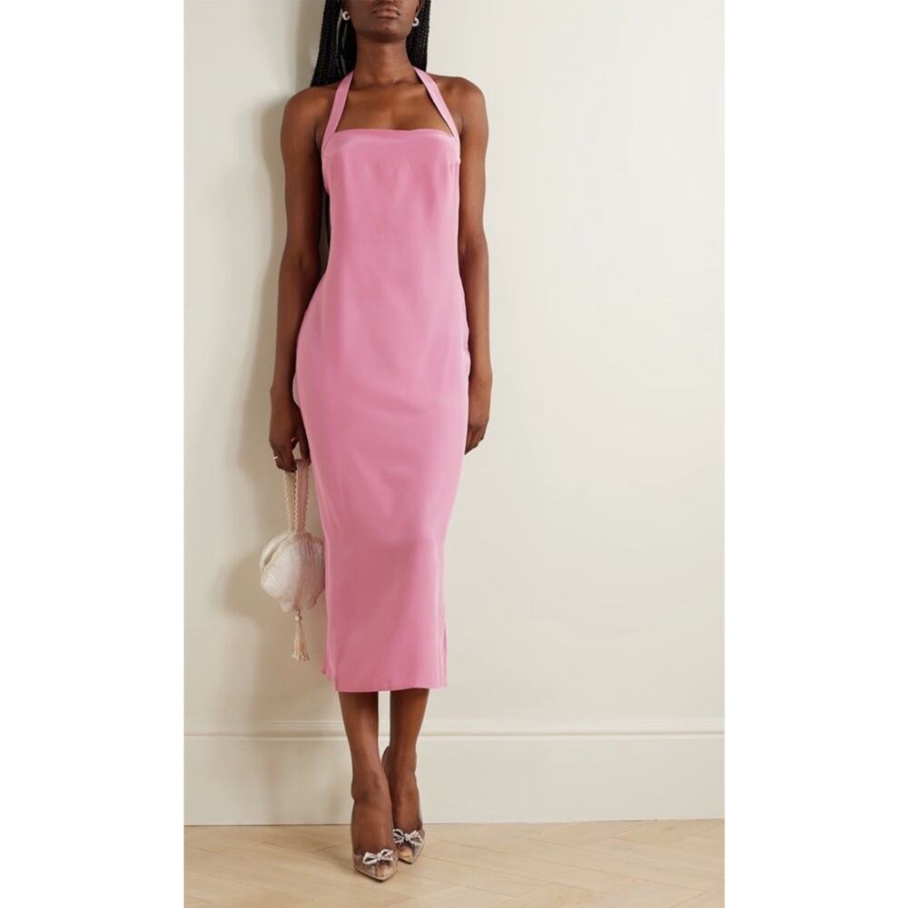 Reformation Alli Silk Midi Dress Sugar Plum Halter Pink Size 10 Square Neck - Picture 2 of 14